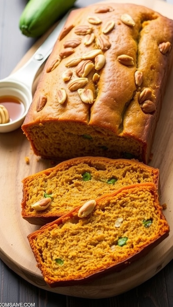 Sliced pumpkin zucchini bread on a wooden board with honey, showcasing its moist texture and nutty topping.